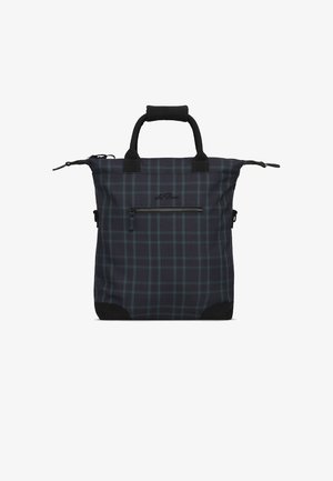 Τσάντα ώμου με καρό σχέδιο σε ναυτικό μπλε με μαύρες λεπτομέρειες, διαθέτει διπλές λαβές, φερμουάρ κλεισίματος και μπροστινή τσέπη με φερμουάρ. Κατασκευασμένη από ανθεκτικό ύφασμα.