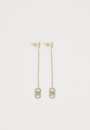 Gold-tone drop earrings featuring a chain with oval, embellished accents and small clear rhinestones for detail and shine.