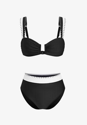 Zwart bikini-set met een gestructureerde top met geplooide stof en een haaksluiting, gecombineerd met hoge taille broekjes met een witte bandaccent.