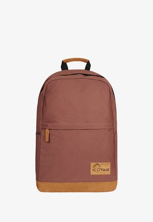 Brown fabric backpack with tan suede bottom and handle, black shoulder straps, front zipper pocket, and O'Neill brand label on lower right.