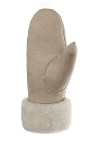 Beige Wildlederhandschuh mit Daumen, der einen flauschigen weißen Bund hat. Glatte Textur, einfaches Design mit Nähten an den Kanten.