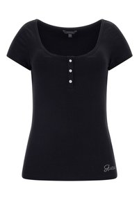 Top corto a maniche corte nero a costine, con scollatura a girocollo, tre bottoni decorativi e un logo accentuato in strass all'orlo.