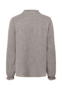 Blouse grise texturée à manches longues avec poignets et encolure à volants, vue de dos.