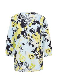 Bloemen V-hals tuniekblouse in lichtblauw, met zwarte en gele bloemenpatronen, 3/4 mouwen en een losse pasvorm. Zachte stoftextuur.