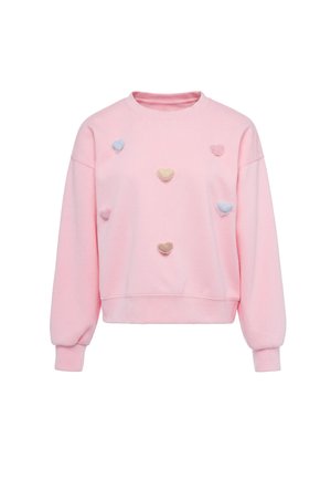 Lyserød sweatshirt med lange ærmer, dekoreret med små polstrede hjerteformer i pastelblå, gul og lyserød på forsiden.