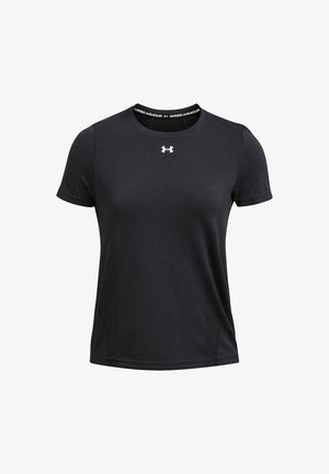 Black athletic T-shirt in a smooth, lightweight fabric with a round neck. Features small embossed pattern and logo on the chest and neckline.