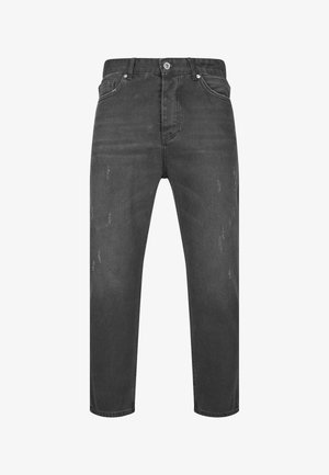 Jeans en denim gris foncé avec une coupe droite, présentant des détails subtils de décoloration, un design à cinq poches et une fermeture à boutons.