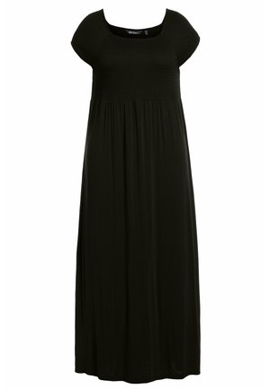 Vestido maxi negro con mangas cortas, cuerpo fruncido y falda fluida. Hecho de tela ligera, con una textura suave y un diseño sencillo.