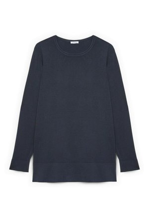 Dunkelblaues Langarmshirt mit rundem Ausschnitt, geradem Schnitt, seitlichen Schlitzen am Saum und glatter Stoffstruktur. Schlichtes Design ohne Muster.