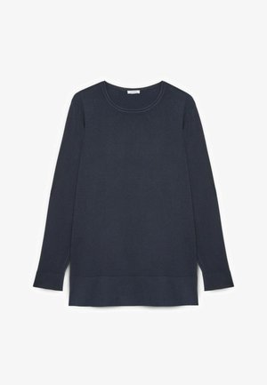 Mørk marineblå langærmet top med rund halsudskæring, lige snit, sideslids ved kanten og glat stoftekstur. Enkel design uden mønstre.
