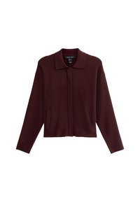 Burgundy wool blend jacket with a collar, long sleeves, and side pockets. Minimalist design with a cropped silhouette and soft texture.