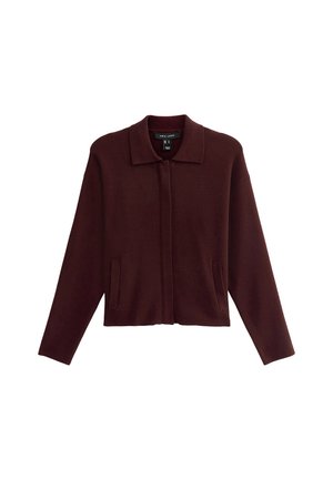 Veste en laine mélangée bordeaux avec un col, des manches longues et des poches latérales. Design minimaliste avec une silhouette courte et une texture douce.