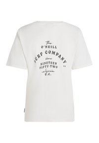 Weißes Baumwoll-T-Shirt mit einem schwarzen Grafikdruck auf dem Rücken, der "O'Neill Surf Company" und "seit neunzehnhundert zwei" zeigt.
