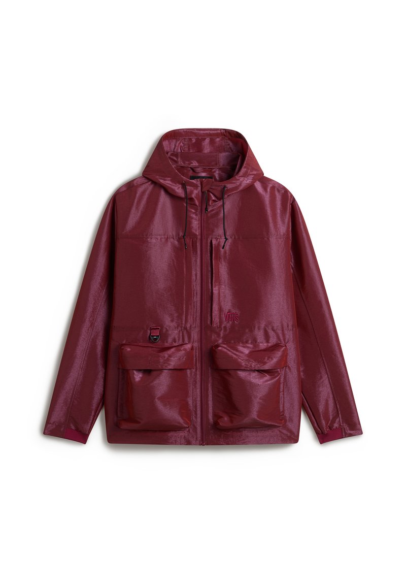 Maroon windbreaker jacket with a shiny finish, front zipper, large dual chest pockets, adjustable hood, and black drawstrings.