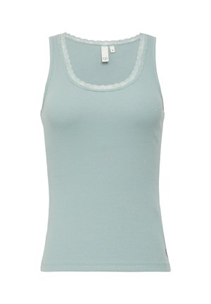 Lichtblauw tanktop met een geribbelde textuur, brede ronde hals en kanten rand langs de hals. Het label toont maat "S" aan de binnenkant.