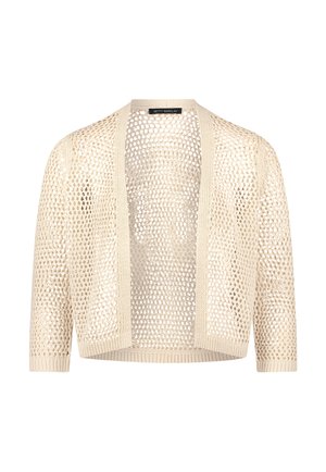 Beige open-front gehaakte cardigan met driekwartmouwen en geribbelde randen, lichtgewicht en semi-transparant gebreid ontwerp.