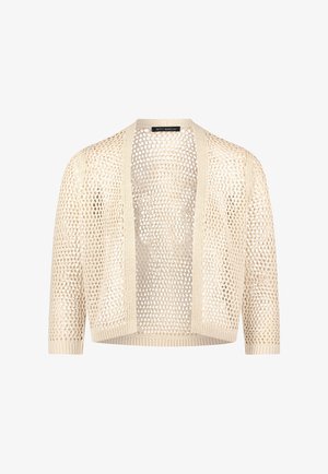 Beiger Häkel-Strickjacke mit offenem Vorderteil, dreiviertellangen Ärmeln und gerippten Kanten, leichtes und halbtransparentes Strickdesign.