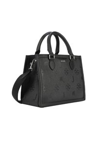 Borsa nera realizzata in materiale texturizzato, con motivi in rilievo, doppio manico superiore e tracolla regolabile.