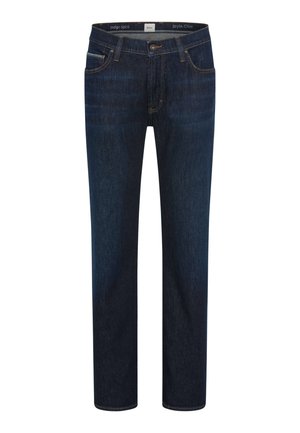 Donkerblauwe denim jeans met rechte pijpen, voorzakken, riemlussen en een knoopsluiting.