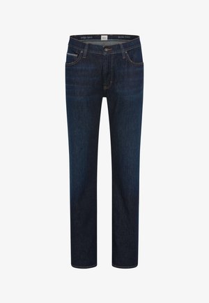 Mørkeblå straight-leg denimjeans med forlommer, bæltestropper og knaplukning.