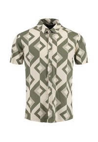 Kurzarm-Hemd mit Knöpfen in Grün und Creme mit einem geometrischen Muster, ausgestattet mit einem strukturierten Kragen und einem strukturierten Stoff.