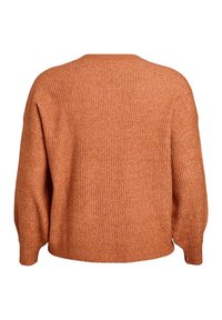 Ribbade orange tröja med avslappnad passform, breda ärmar och rundad halsringning. Tyget verkar mjukt och strukturerat, lämpligt för avslappnad klädsel.