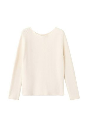 Suéter de punto color crema con mangas largas y cuello redondo, exhibido sobre un fondo blanco.