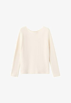 Suéter de punto color crema con mangas largas y cuello redondo, exhibido sobre un fondo blanco.