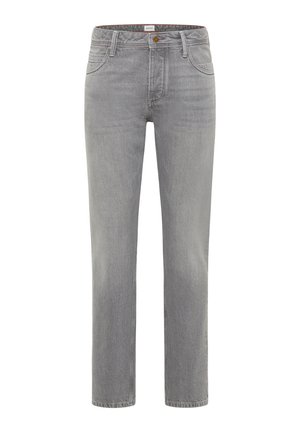 Jeans de mezclilla gris con un diseño de pierna recta, cinco bolsillos y un cierre de botón en la cintura. Textura suave y un ligero desgaste en toda la prenda.