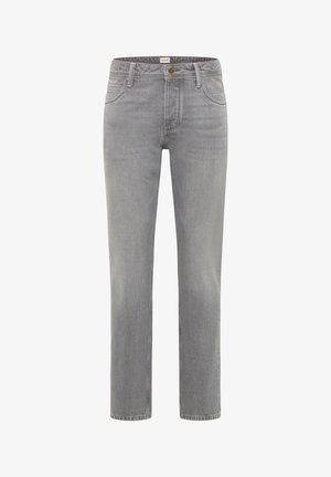 Pilkos džinsinės kelnės su tiesia kojos forma, penkiais kišenėmis ir mygtuko uždarymu ties juosmeniu. Minkšta tekstūra ir subtilus išblukimas visoje kelnėse.