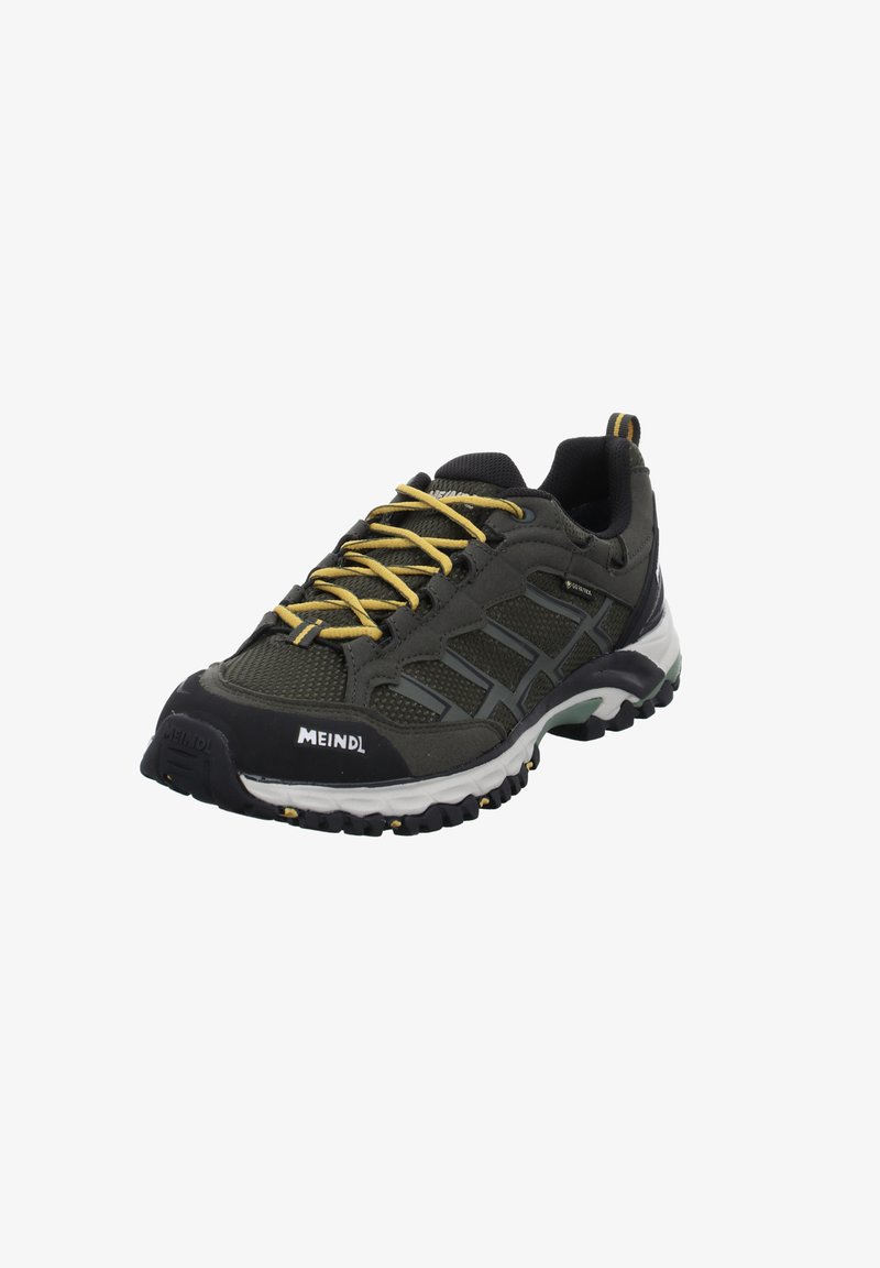 Men's hiking shoe in dark green and black, featuring yellow laces, mesh upper, rubber sole, textured accents, and branding on the heel.