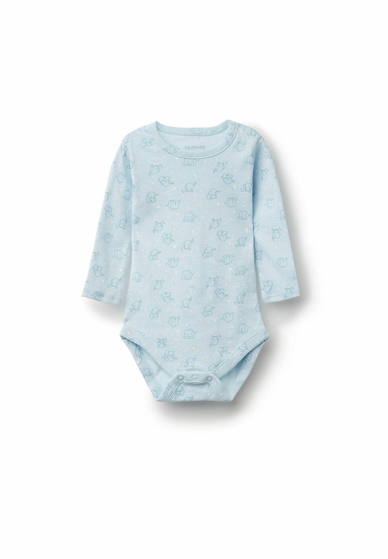 Dlouhý rukáv modrého body z měkké látky s motivem malých slonů a zapínáním na druky ve spodní části.