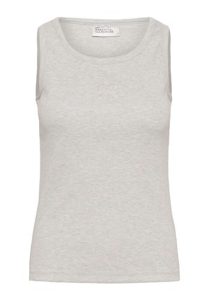 Camiseta sin mangas de canalé color gris claro, con cuello redondo y logo en relieve sutil en el pecho.