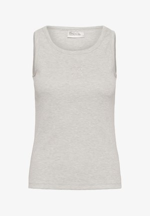 Hellgraues, geripptes ärmelloses Tanktop mit rundem Ausschnitt und dezentem, geprägt auf der Brust platziertem Logo.