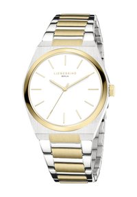 Orologio in acciaio inossidabile con finitura argento e dorata, quadrante bianco, design minimalista, indicatori delle ore sottili e cassa esagonale.