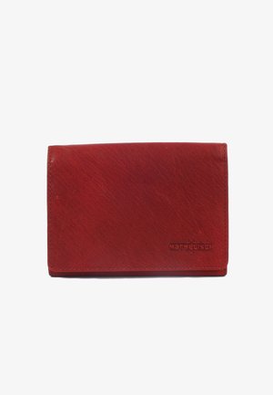 Red leather wallet with a textured finish, featuring a flap closure and embossed logo. Compact rectangular shape, clean stitching details.