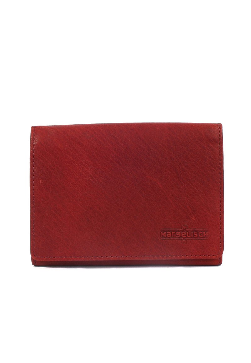 Red leather wallet with a textured finish, featuring a flap closure and embossed logo. Compact rectangular shape, clean stitching details.