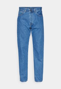 Blue denim jeans with a straight leg design, five-pocket styling, button closure, and subtle stitching detail.