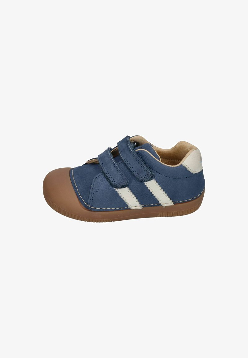 Blue suede shoe with brown rubber sole, two Velcro straps, white stripe accents, and stitched detailing. Rounded toe design.