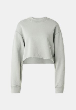 Gekürzter Sweatshirt aus hellgrünem Stoff, mit langen Ärmeln, rundem Halsausschnitt und fransigem Saum mit bedrucktem Text auf der Vorderseite.