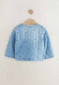 Hellblauer gestrickter Kindersweater mit kleinen rot-grün bestickten Blumen, der an einem Holzbügel vor einer weißen Wand hängt.