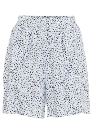 Letvægts bomuldsbukser med elastisk talje, med en hvid bund og et spredt mønster af blå og sorte prikker.