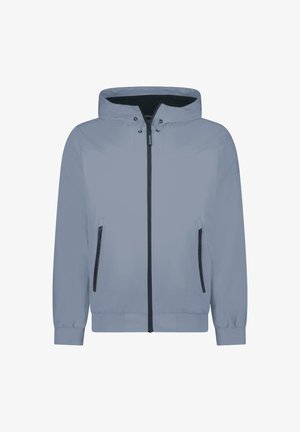 Lichtblauwe jas met capuchon, voorzien van een ritssluiting aan de voorkant en twee zijzakken. Heeft elastische manchetten en een gladde, matte textuur.
