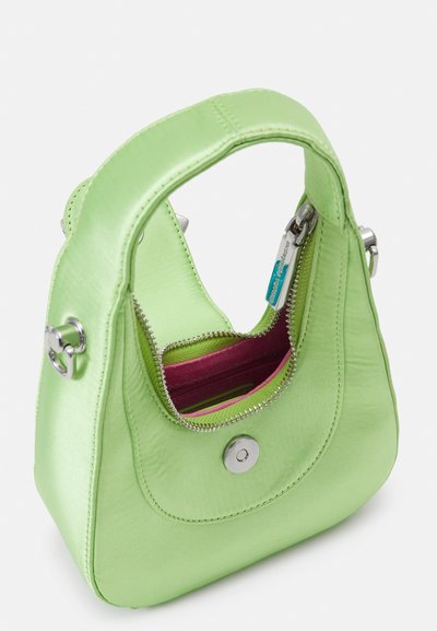 Green satin handbag with a curved handle, top zipper, and silver hardware. Interior features purple lining and a card slot. Compact design.