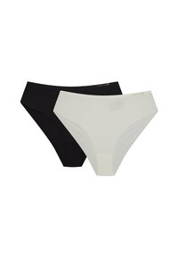 Dwie pary damskich majtek: jedna czarna i jedna jasnobeżowa. Obie wykonane z gładkiej tkaniny o bezszwowej konstrukcji.