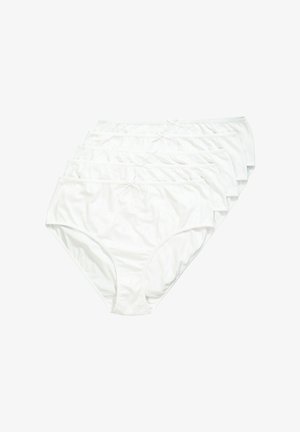 Cinque paia di slip bianchi da donna realizzati in tessuto morbido e liscio, con un design semplice e un piccolo fiocco decorativo sull'elastico della vita.