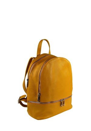 Yellow leather backpack with a rounded shape, double zipper compartments, and a single top handle. Smooth texture with visible stitching accents.