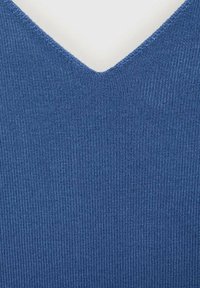 Blue ribbed knit top with a V-neck design, featuring a smooth texture and consistent pattern across the fabric surface.