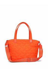 Borsa tote arancione imbottita con doppi manici e una tracolla regolabile. Presenta un motivo testurizzato e una chiusura a zip.