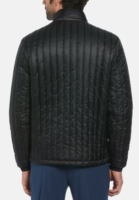 Schwarze steppte Jacke mit glatter Oberfläche, die über vertikale Nähte und einen Stehkragen verfügt. Leichtes Design mit elastischen Bündchen.